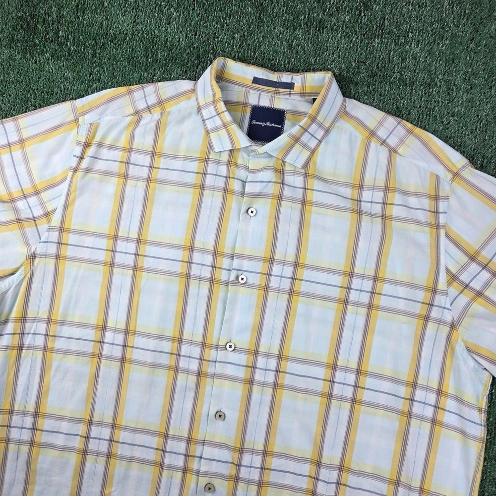 Tommy Bahama Mens XXL Short Sleeve Button Down Shirt Yellow‎ Blue Plaid Cotton